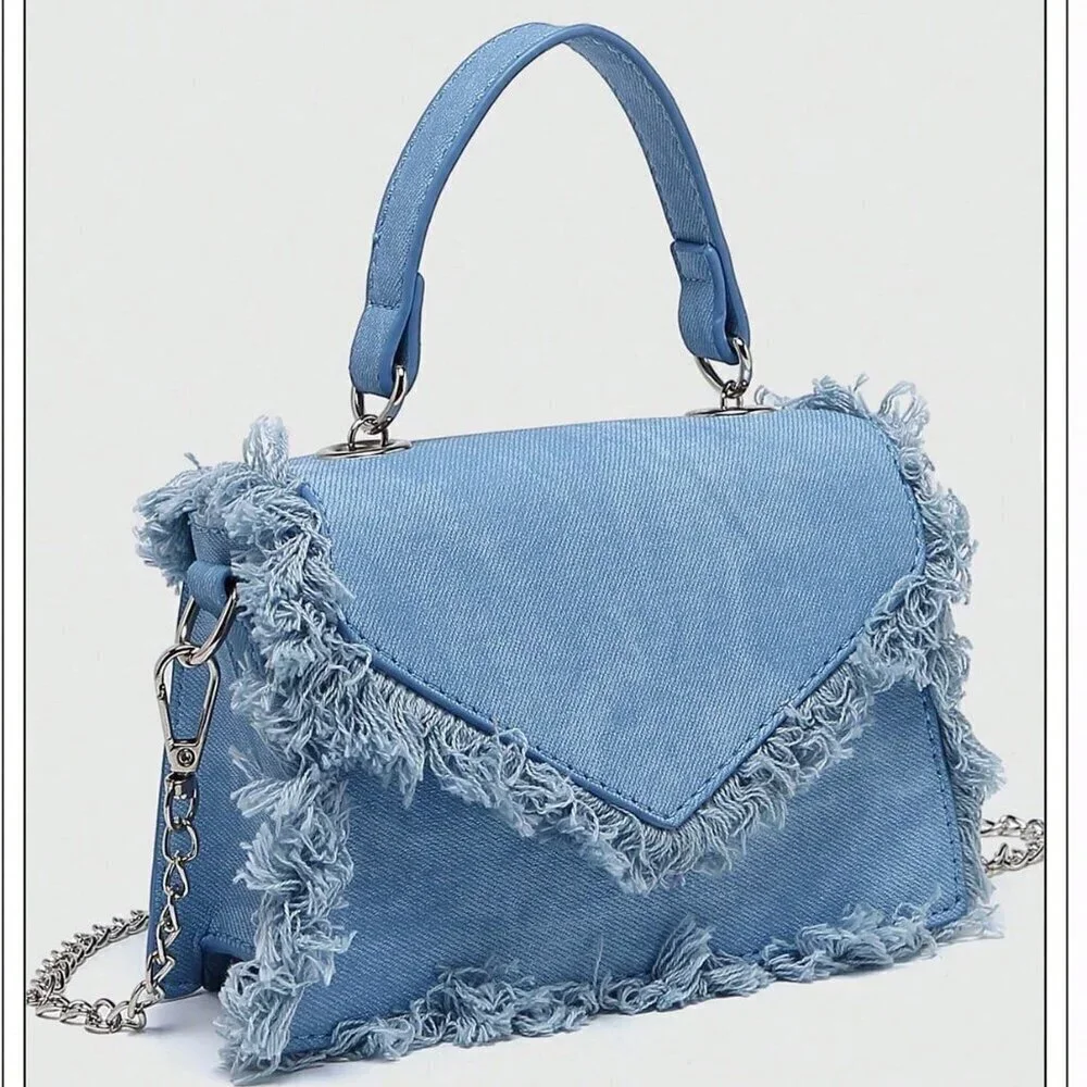 Blue Fashionable Women's Fringed Small Square Chain Crossbody Shoulder Bag